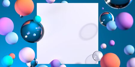 blank white poster near glossy and matte glass balls. 3d rendering. abstract background