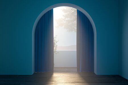 Hallway with geometric arch, blue walls and open curtains. 3d rendering.Good future ahead. Mysterious future,の写真素材