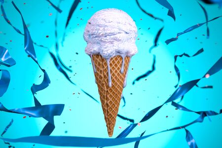 Melting Ice Cream in Wafer Cone With Festive Party Blue Serpentine On light Blue Background. 3d...