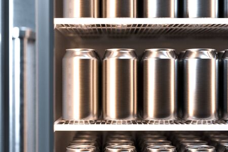 Blank Aluminum Beer or Soda Can With Droplets On Shelves In Refrigerator With Glass Door, 3d rendering. Minimalismの写真素材