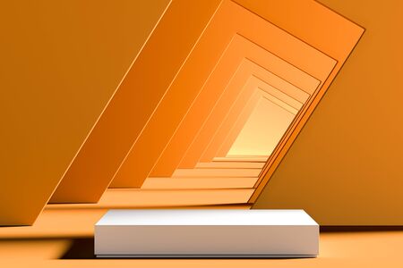 Modern Showcase With Empty Space on Abstract Orange Geometric Background With Hall. 3d rendering.の写真素材