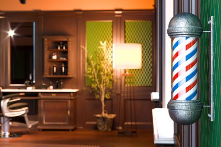 Retro Interior Of Stylish Barber Shop And Vintage Barber Shop Pole.3d Renderingの写真素材