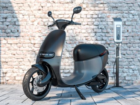 Black Electric Scooter With Electric Charger Near Brick Wall. Eco Alternative Transport Concept. 3d rendering.の写真素材