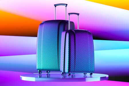 Modern Textured Stylish Suitcases on Multicolored Abstract Background And Glossy Transparent Showcase. 3d Renderingの写真素材