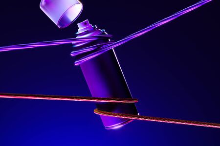 Blank Aerosol Paint Can Tied With Ropes on Blue Background And Illuminated By Neon Lights. 3d Renderingの写真素材