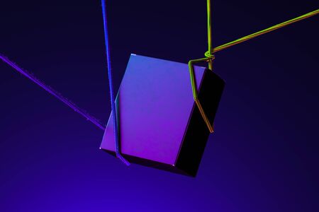 Violet Cardboard Blank Box Tied With Ropes on Blue Background And Illuminated By Neon Lights. 3d...