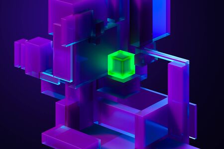 Green Illuminating Neon Bright Cube On Abstract Geometric Figures And Violet Background. 3d...