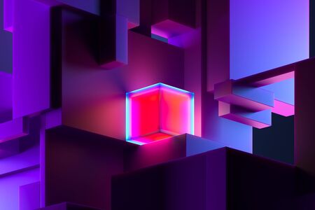 Close Up Of Pink Neon Bright Cube On Violet Abstract Geometric Figures With Copy Space. 3d Renderingの写真素材