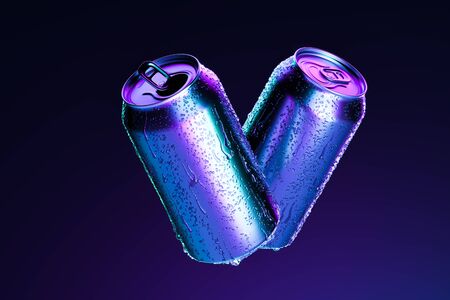 Blank Aluminum Cans With Cold Water Droplets Isolated on Dark Blue Background, 3d rendering. Empty Space. Copy Spaceの写真素材