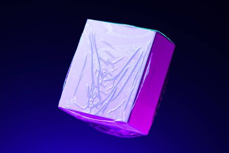 Pink Realistic Cardboard Box In Transparent Recycled Plastic Packet on Vivid Blue Background. Copy...