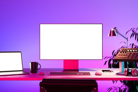 Audio Mixing Console, Laptop, PC With Big Blank White Monitor, Keyboard and Computer Mouse at Desk....
