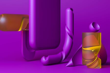 Abstract Matte And Glossy Figures Of Violet And Transparent Orange Colors on Violet Background. 3d Renderingの写真素材