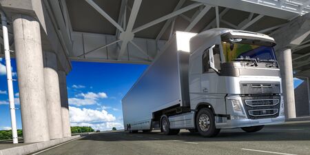 Powerful Semi Truck With Empty Space On White Refrigerator For Long Haul Delivery Driving Along the...