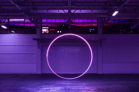 White Empty Hangar Illuminated By Neon Violet Circle, Empty Factory Interior With Roller Shutter...