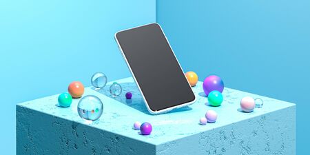 Mobile phone With Blank Screen on Blue Showcase Near Glossy and Matte Multicolored Glass Balls. 3d...