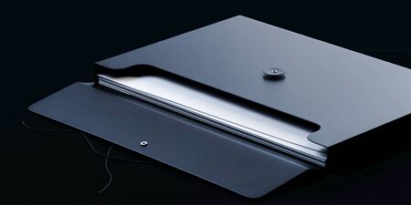 Black Blank Cardboard Open Folder With Papers Isolated on Black background. 3d rendering....