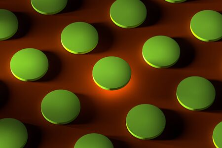 Blank Round Light Green Showcases with Empty Space on Acid Red Background With Illumination. 3d...