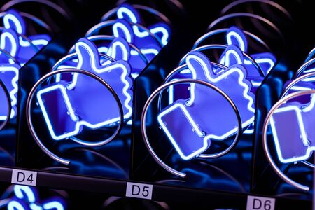 Blue Thumbs Up Icons, Likes Icon In Modern Vending Machine. Selling And Buying Love, Friendship And Likes. 3d renderingの写真素材