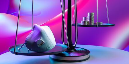 Protective Mask and Money on Scales. Protection Mask Costs Like Treasure. Metallic Balance Scale on...