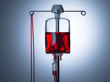 Blood Transfusion Bag on Illuminated Background. Copy Space. Empty Space. Drop Counter With Red...