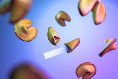 Soaring Chinese Cookies with Blank Paper For Prediction and Text on Light Violet Background. Fortune Cookies. 3d renderingの写真素材