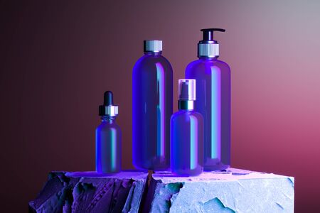 Blank Templates of Plastic Containers: Dispenser, Dropper, Tube. Beauty Product Package on Concrete Showcase Illuminated By Neon Pink and Violet Background. 3d renderingの写真素材