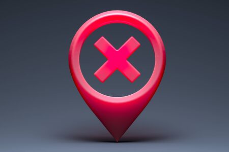 Red Glossy Map Geo Tag Pin With Prohibition Sign on Dark Background. Stay Home Warning Sign....