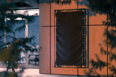 Blank Black Vertical Outdoor Vinyl Textile Banner at Modern Business Center Wall. 3d renderingの写真素材