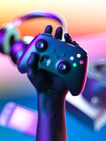 Hand Holding Wireless Joystick With Gaming Gamepad Controller, VR Goggles, Headphones, Video Game...