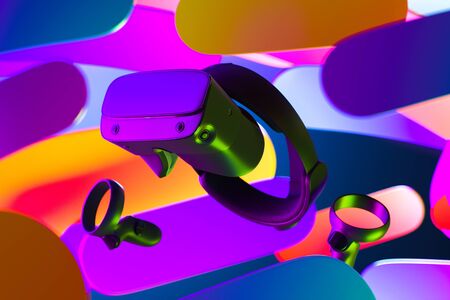 Virtual Reality Helmet and VR Controllers on Abstract Multicolored Background. Virtual Reality Goggles, Headset. 3d renderingの写真素材