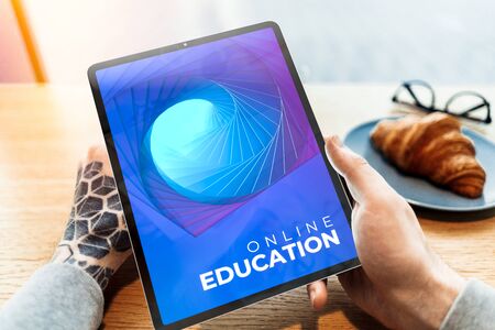 Man Hands Holding Modern Mobile Tablet or Pad With App For Online Education. Studying Remotely, 3d Renderingの写真素材