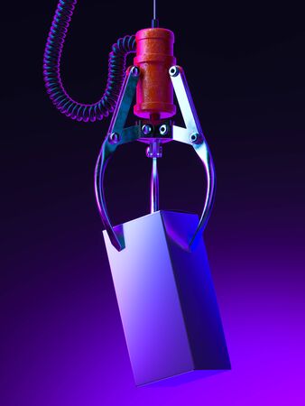 Machine Robotic Claw takes Dark Box on Violet Gradient Background. Crane Game. Winner. Symbol of Risk. 3d Renderingの写真素材