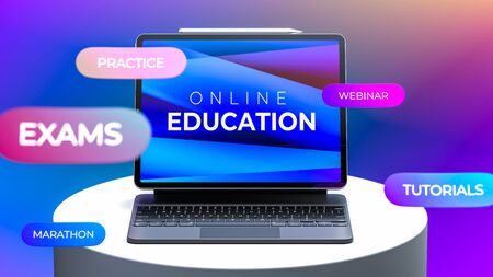 Laptop With App For Online Education on Showcase. Inscriptions Education, Exams, Webinar, Tutorials, Practice, Marathon. 3d Renderingの写真素材