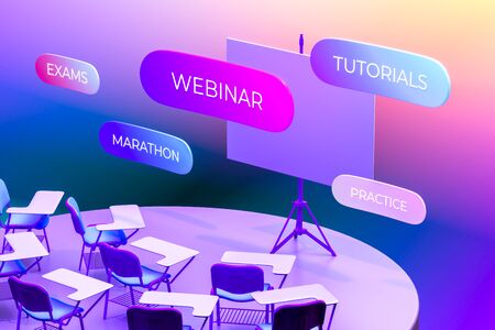 Auditorium With Blank Presentation Roller Screen Near Inscriptions Education, Exams, Webinar, Tutorials, Practice, Marathon. 3d Renderingの写真素材