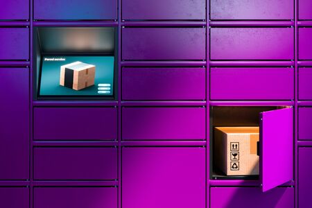 Close up Of Violet or Purpur Colored Self-Service Post Terminal Machine and One Open Locker With...
