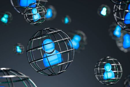 Profile Or User Pictures Imprisoned in Cages. Feeling like Behind Bars, in Jail, Prison. Quarantine, Isolation Time. 3d Rendering,の写真素材