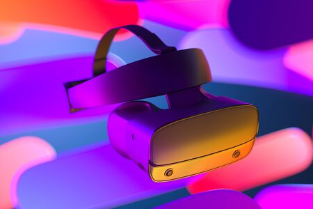 Virtual Reality Helmet or VR Goggles on Abstract Multicolored Background Illuminated By Neon Lights....