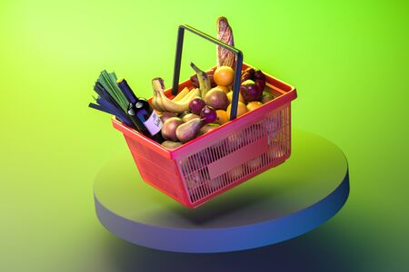 Shopping Basket Full Of Products, Fruits, Vegetables and Wine on Showcase and Green Bright Background. Fresh And Healthy Eating. 3d Rendering.の写真素材