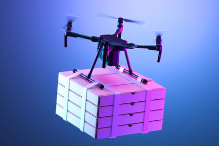 Realistic Drone Quadcopter With Batch of Pizza Boxes On Bright Violet Background. Contactless Delivery. 3d renderingの写真素材