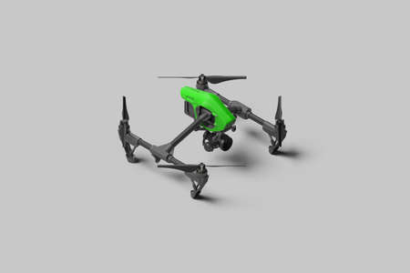 Drone With Remote Control On Gray Monochrome Background. Green Quadcopter With Remote Control. 3d...