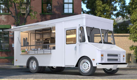White Blank Realistic Food Truck With Detailed Cozy Interior With Warm Light On Street. Modern Cityscape. Takeaway Food And Drinks. 3d rendering. Front Viewの写真素材