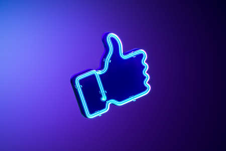 Blue Thumb Up Icon Made Of Blue Neon Lamps. Like Icon on Violet Gradient Background. 3d rendering.の写真素材