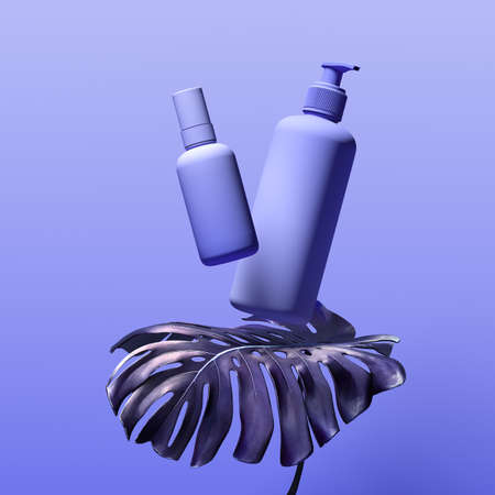Dispenser And Dropper for Liquid, Cream, Gel, Mask Above Tropical Plant on Pastel Violet Background....