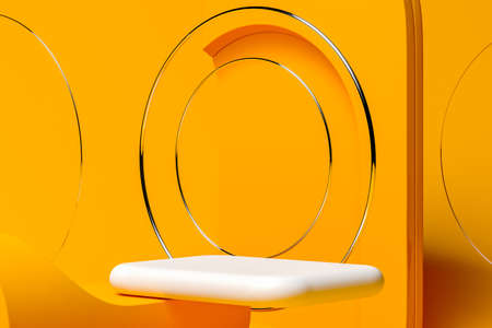 White Marble Foursquare Showcase Near Geometric Metallc Round Elements On Orange Background. Copy...