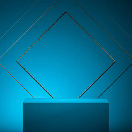 Blue Turquois Foursquare Showcase with Empty Space On Pedestal Near Blue Geometric Background....