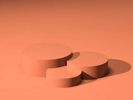Three Orange Blank Round Showcases with Empty Space on Orange Background. 3d rendering. Minimalism Concept. Copy Space.の写真素材
