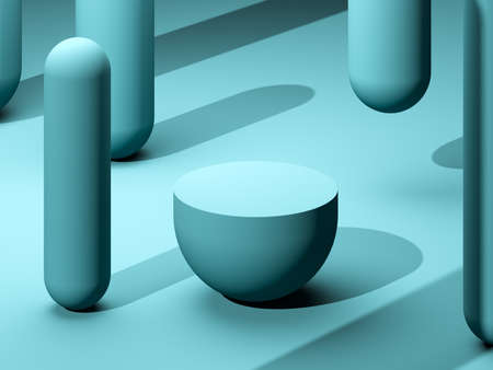 Creative Blue Or Green Round Showcase with Empty Space. Pedestal With Geometric Figure on Green Or...