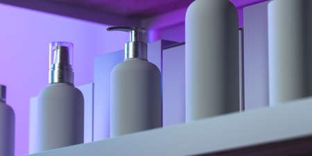 Close Up Of Matte Stylish Dispenser on Focus, Other Bottles Are Out Of Focus. Cosmetic Bottle Set, 3d Rendering.の写真素材
