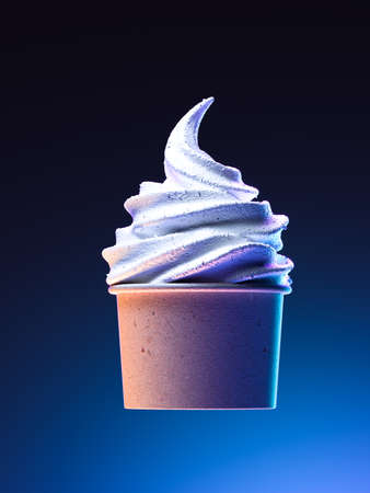 Ice Cream in Brown Bowl. Frozen Yogurt in Blank Paper Cup on Gradient Blue Background. Summer Low...