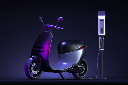 Black Electric Scooter With Electric Charger At Dark Background Illuminated By Violet Neon Light. Eco Alternative Transport Concept. 3d rendering.の写真素材